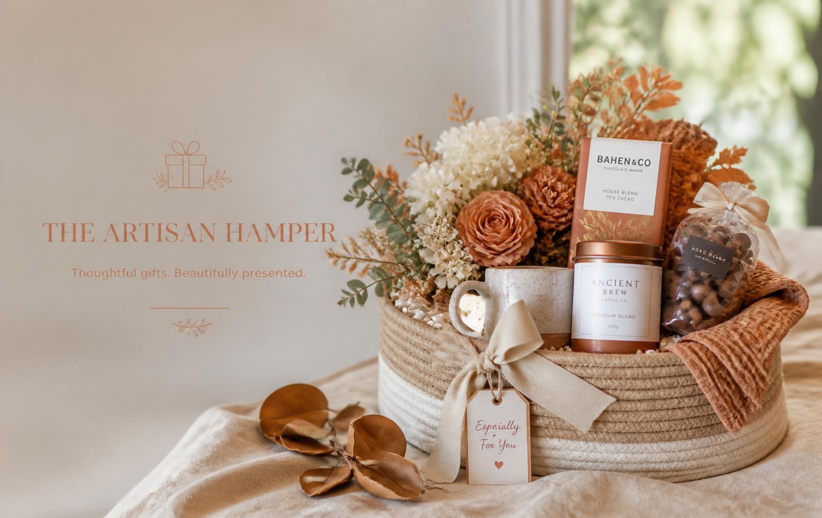 Cesta artesanal com flores, chocolates e café